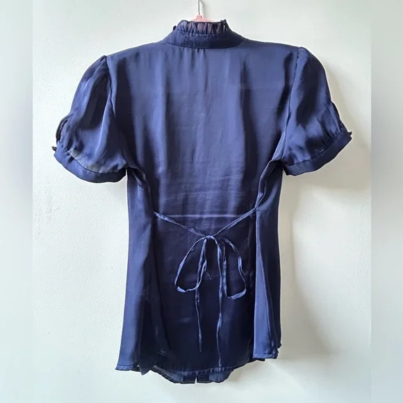 Smart Set Navy Satin Ruffle Button-Down Blouse - Picture 2 of 4